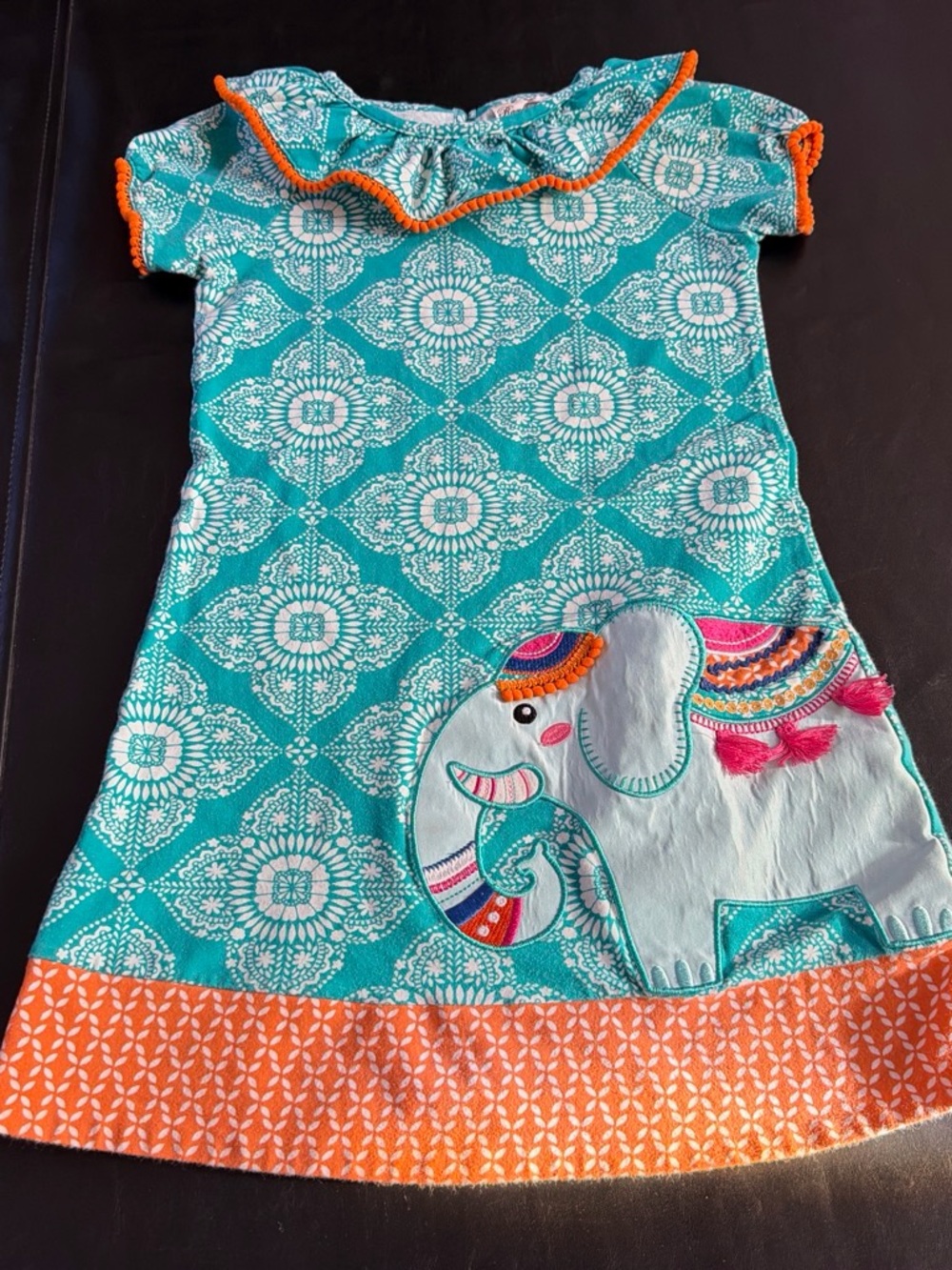 Rare Editions Turquoise Dress with Orange Accents and Elephant Patch